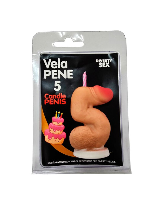 DIABLO PICANTE VELA PENE EN FORMA DE NUMERO 5 COLOR CARNE