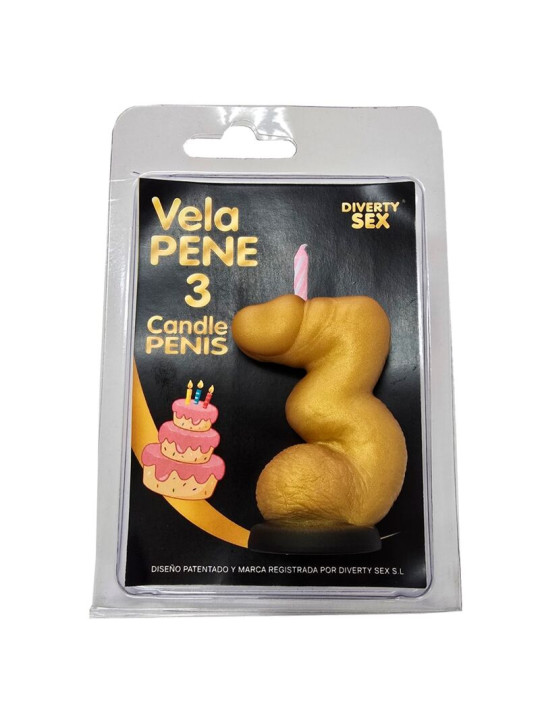 DIABLO PICANTE VELA PENE EN FORMA DE NUMERO 3 COLOR DORADO