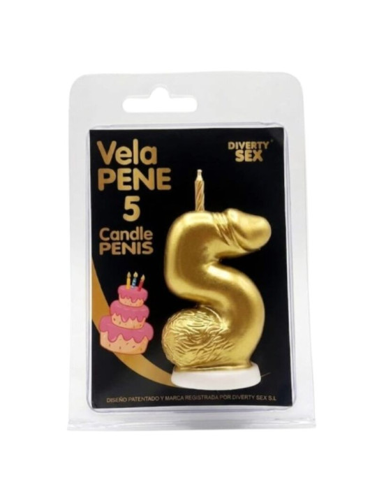 DIABLO PICANTE VELA PENE EN FORMA DE NUMERO 5 COLOR DORADO