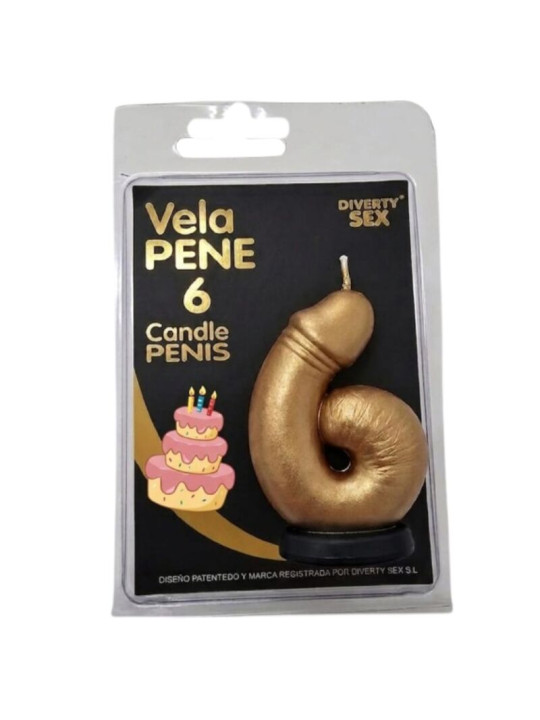 DIABLO PICANTE VELA PENE EN FORMA DE NUMERO 6 COLOR DORADO