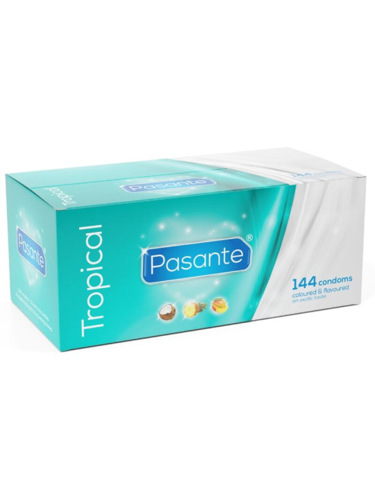 PASANTE TROPICAL PRESERVATIVOS CON SABORES MANGO PINA Y COCO 53 MM 144 UNIDADES