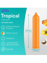 PASANTE TROPICAL PRESERVATIVOS CON SABORES MANGO PINA Y COCO 53 MM 144 UNIDADES