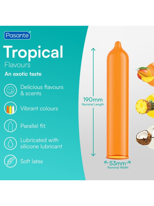 PASANTE TROPICAL PRESERVATIVOS CON SABORES MANGO PINA Y COCO 53 MM 144 UNIDADES