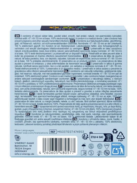 MISTER SIZE PACK MUESTRA PRESERVATIVOS TALLA 47 49 53 MM 3 UNIDADES