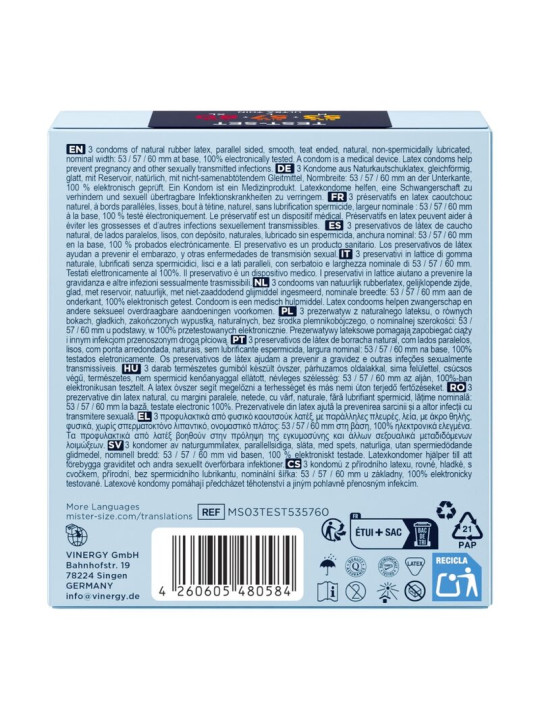 MISTER SIZE PACK MUESTRA PRESERVATIVOS TALLA 53 57 60 MM 3 UNIDADES