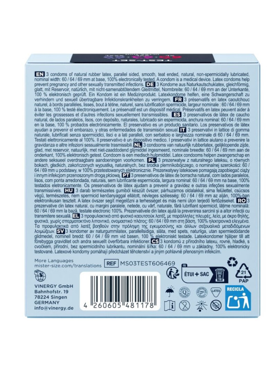 MISTER SIZE PACK MUESTRA PRESERVATIVOS TALLA 60 64 69 MM 3 UNIDADES