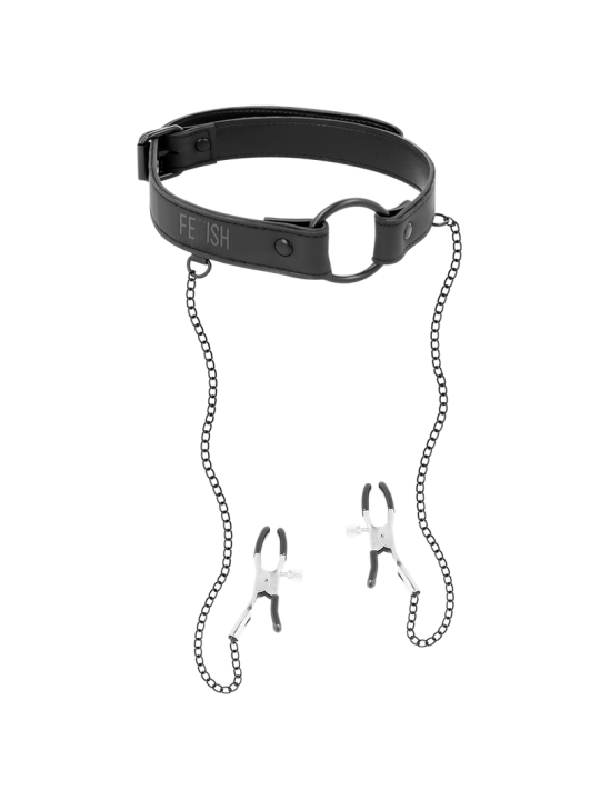 MORDAZA BDSM CON PINZAS PARA PEZONES Y CADENA METÁLICA DE LA MARCA FETISH SUBMISSIVE BONDAGE