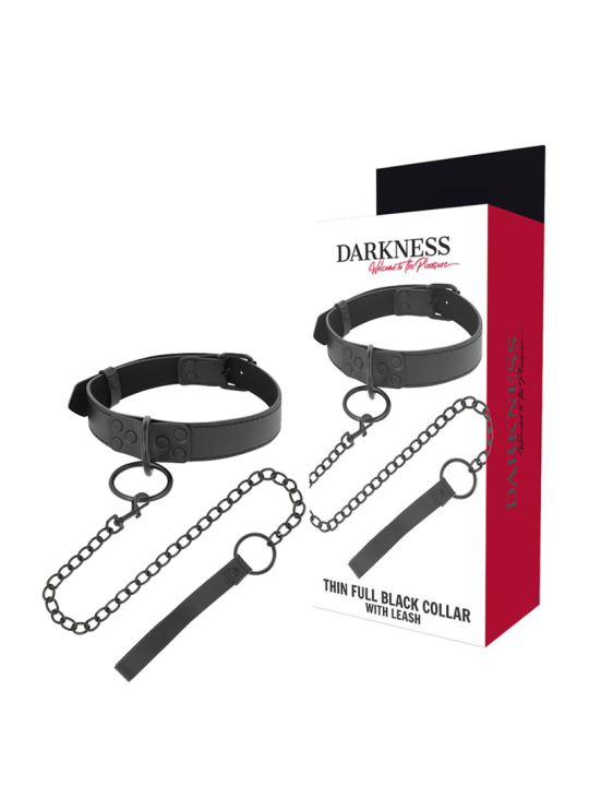 COLLAR BDSM NEGRO CON CADENA DE NEOPRENO Y PULEATHER DE LA MARCA DARKNESS BONDAGE