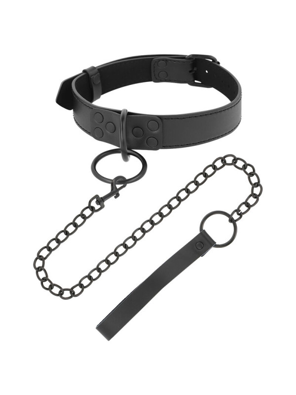 COLLAR BDSM NEGRO CON CADENA DE NEOPRENO Y PULEATHER DE LA MARCA DARKNESS BONDAGE