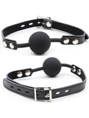 MORDAZA DE SILICONA AJUSTABLE CON CANDADO Y CORREA PIEL DE LA MARCA OHMAMA FETISH