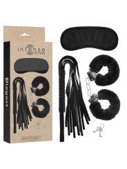 SET FETISH CON ESPOSAS, ANTIFAZ Y LÁTIGO DE CUERO VEGANO DE LA MARCA INTENSE FETISH