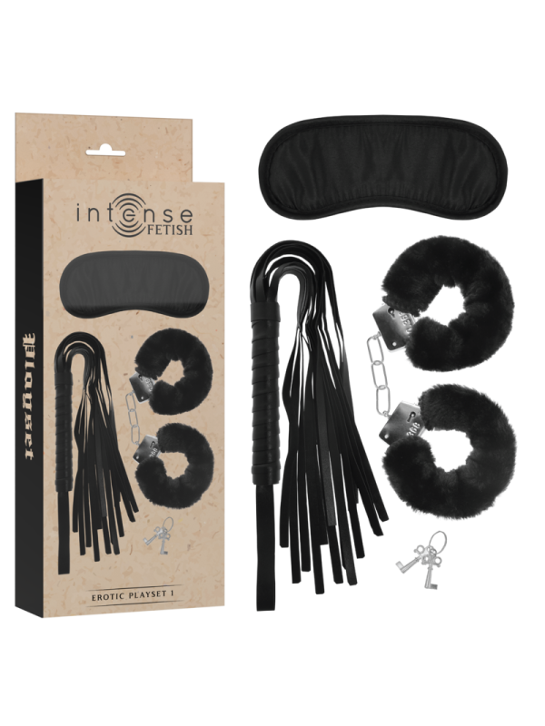 SET FETISH CON ESPOSAS, ANTIFAZ Y LÁTIGO DE CUERO VEGANO DE LA MARCA INTENSE FETISH