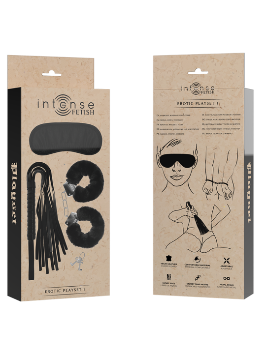 SET FETISH CON ESPOSAS, ANTIFAZ Y LÁTIGO DE CUERO VEGANO DE LA MARCA INTENSE FETISH