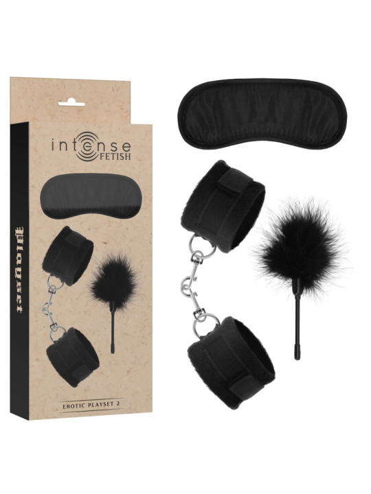 SET FETISH CON ESPOSAS, ANTIFAZ Y PLUMERO DE CUERO VEGANO DE LA MARCA INTENSE FETISH
