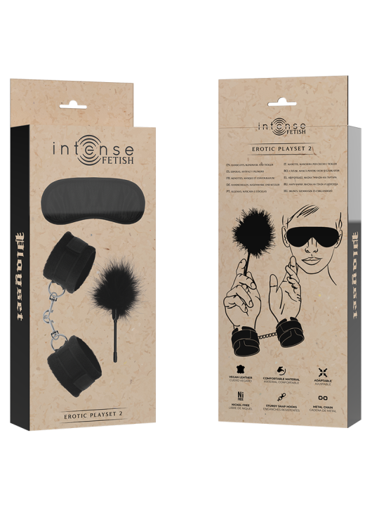 SET FETISH CON ESPOSAS, ANTIFAZ Y PLUMERO DE CUERO VEGANO DE LA MARCA INTENSE FETISH