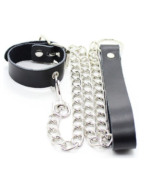 COLLAR FETICHISTA PARA PENE CON CORREA DE PIEL Y CADENA DE LA MARCA OHMAMA FETISH