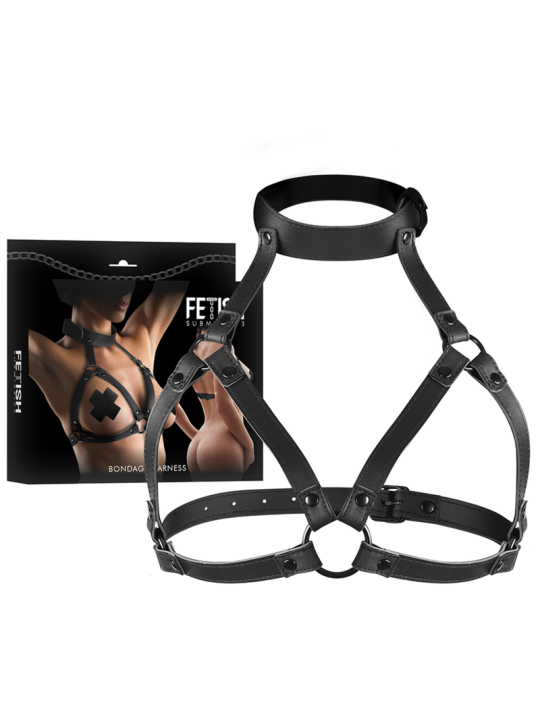 ARNÉS AJUSTABLE PECHO Y CUELLO BDSM CUERO VEGANO DE LA MARCA FETISH SUBMISSIVE BONDAGE