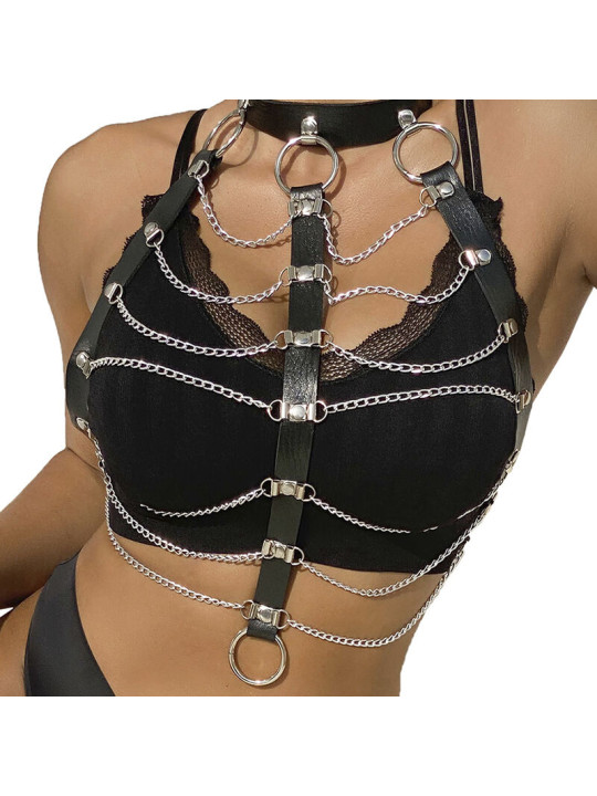 ARNÉS DE PECHO CUERO NEGRO CON CADENAS TALLA ÚNICA DE LA MARCA SUBBLIME FETISH