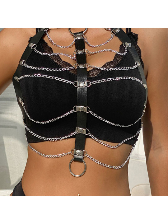 ARNÉS DE PECHO CUERO NEGRO CON CADENAS TALLA ÚNICA DE LA MARCA SUBBLIME FETISH