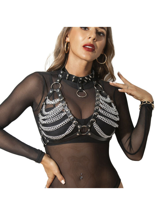 ARNÉS SUJETADOR Y COLLAR DE CUERO CON CADENAS NEGRO DE LA MARCA SUBBLIME FETISH