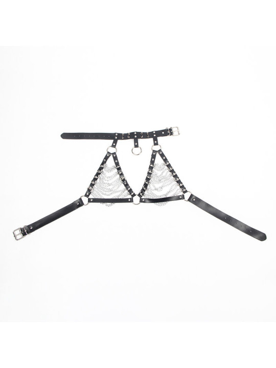 ARNÉS SUJETADOR Y COLLAR DE CUERO CON CADENAS NEGRO DE LA MARCA SUBBLIME FETISH