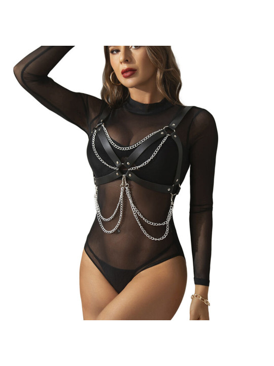 ARNÉS SUJETADOR DE CUERO CON CADENAS Y ANILLAS TALLA ÚNICA DE LA MARCA SUBBLIME FETISH