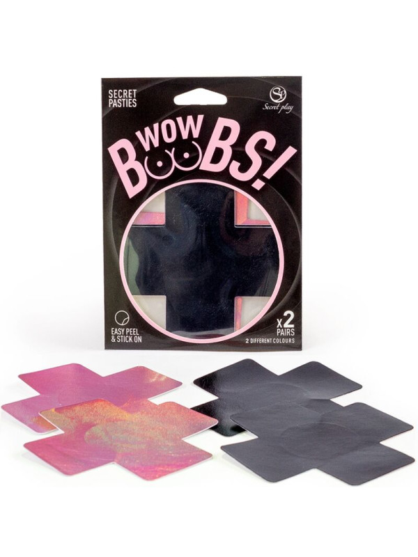 CUBRE PEZONES WOW BOOBS! HOLOGRÁFICO NEGRO Y ROSA DE LA MARCA SECRETPLAY 100% FETISH