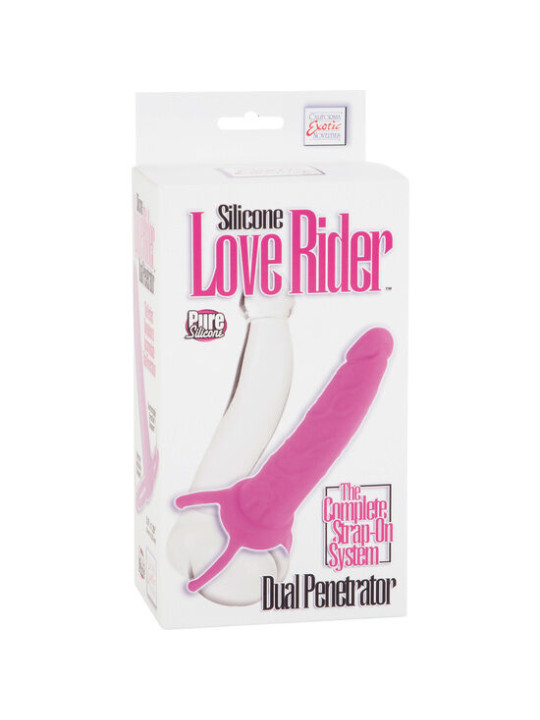 DILDO CON ARNÉS DUAL PENETRACIÓN SILICONA ROSA DE LA MARCA CALEXOTICS