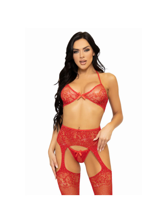 SET LENCERÍA NEGRO 3 PIEZAS: SUJETADOR, TANGA Y MEDIAS LIGUERO DE LA MARCA LEG AVENUE SETS