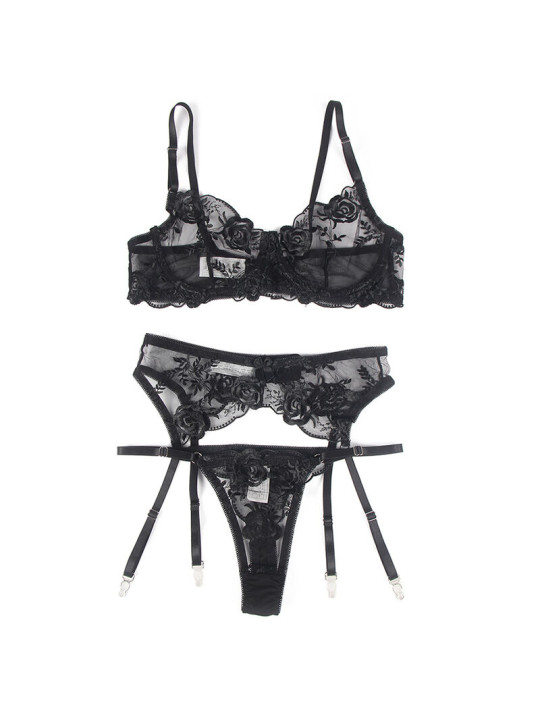 SET LENCERÍA FLORAL NEGRO SUJETADOR TANGA LIGA S/M DE LA MARCA SUBBLIME SETS