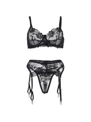 SET LENCERÍA FLORAL NEGRO SUJETADOR TANGA LIGA S/M DE LA MARCA SUBBLIME SETS
