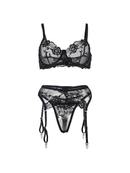 SET LENCERÍA FLORAL NEGRO SUJETADOR TANGA LIGA S/M DE LA MARCA SUBBLIME SETS