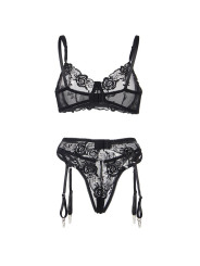 SET LENCERÍA FLORAL NEGRO SUJETADOR TANGA LIGA S/M DE LA MARCA SUBBLIME SETS