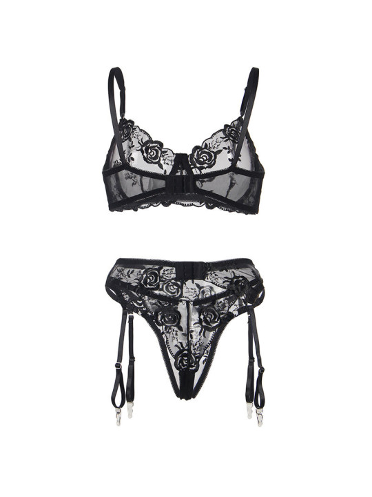 SET LENCERÍA FLORAL NEGRO SUJETADOR TANGA LIGA S/M DE LA MARCA SUBBLIME SETS