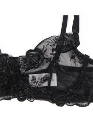 SET LENCERÍA FLORAL NEGRO SUJETADOR TANGA LIGA S/M DE LA MARCA SUBBLIME SETS