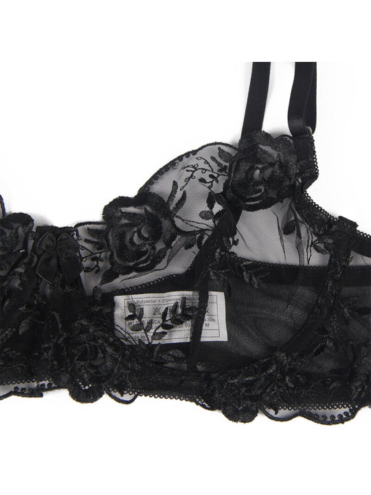 SET LENCERÍA FLORAL NEGRO SUJETADOR TANGA LIGA S/M DE LA MARCA SUBBLIME SETS