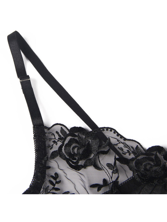 SET LENCERÍA FLORAL NEGRO SUJETADOR TANGA LIGA S/M DE LA MARCA SUBBLIME SETS