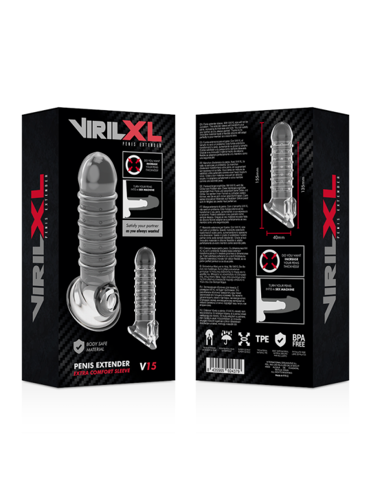 EXTENSIÓN DE PENE V15 TRANSPARENTE CON FUNDA SKIN TPE DE LA MARCA VIRILXL