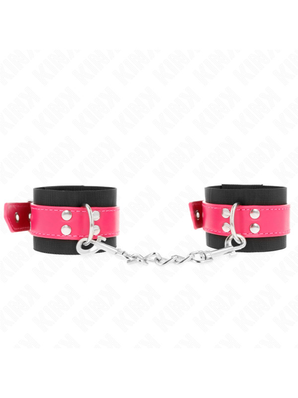 MUÑEQUERAS BDSM NEGRO CON CORREA POLIPIEL FUSCIA AJUSTABLE DE LA MARCA KINK WRIST RESTRAINT