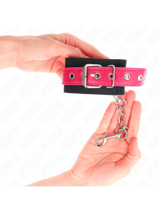 MUÑEQUERAS BDSM NEGRO CON CORREA POLIPIEL FUSCIA AJUSTABLE DE LA MARCA KINK WRIST RESTRAINT