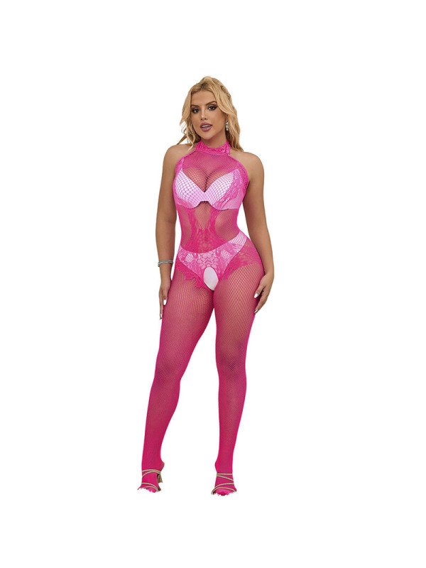 BODYSTOCKING CROTCHLESS DE ENCAJE ROSA CON CUELLO ALTO DE LA MARCA SUBBLIME BODYSTOCKINGS