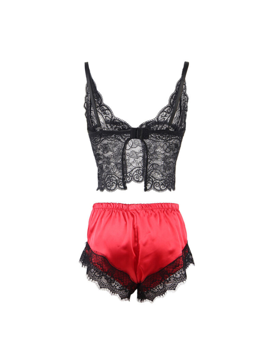 CAMISÓN DE SEDA CON PANTALÓN ENCAJE NEGRO/ROJO L/XL DE LA MARCA SUBBLIME SETS