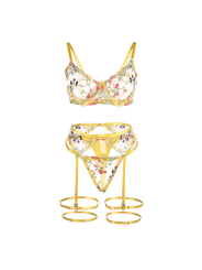 SUBBLIME LENCERÍA FLORAL AMARILLA SUJETADOR + TANGA + LIGUERO S/M DE LA MARCA SUBBLIME SETS