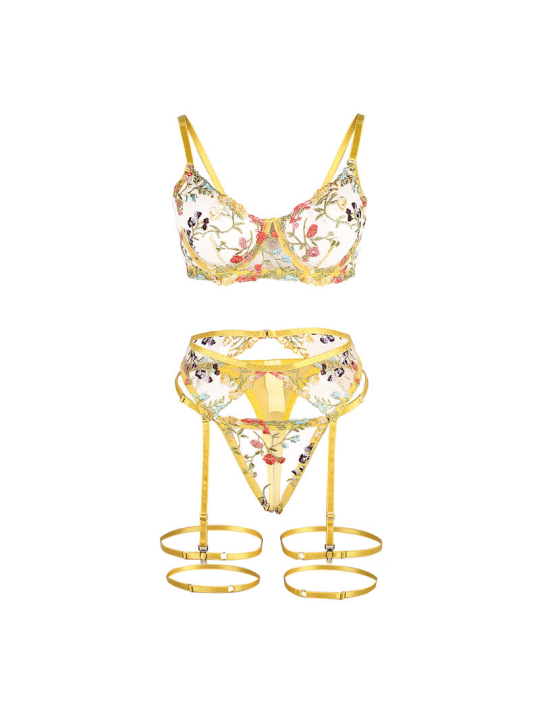 SUBBLIME LENCERÍA FLORAL AMARILLA SUJETADOR + TANGA + LIGUERO S/M DE LA MARCA SUBBLIME SETS