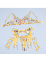 SUBBLIME LENCERÍA FLORAL AMARILLA SUJETADOR + TANGA + LIGUERO S/M DE LA MARCA SUBBLIME SETS