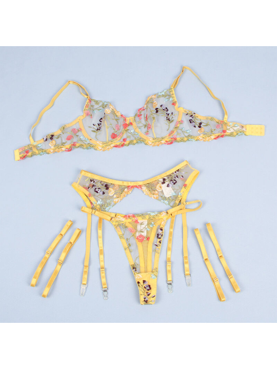 SUBLIME LENCERÍA FLORAL AMARILLA CONJUNTO SUJETADOR TANGA LIGUERO L/XL DE LA MARCA SUBBLIME SETS