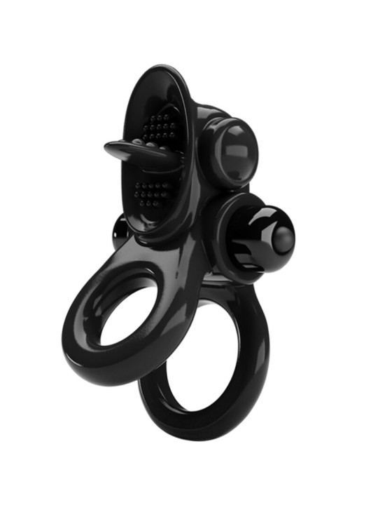 ANILLO VIBRADOR DOBLE ESTIMULACIÓN CLÍTORIS Y PENE NEGRO DE LA MARCA PRETTY LOVE