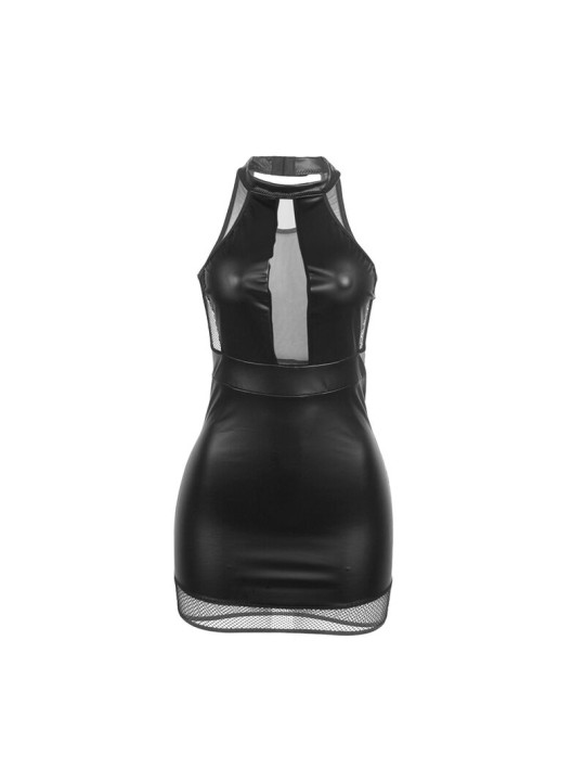 VESTIDO HALTER NEGRO CON TRANSPARENCIAS Y CUERO PU DE LA MARCA SUBBLIME DRESSES