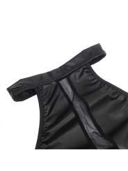 VESTIDO HALTER NEGRO CON TRANSPARENCIAS Y CUERO PU DE LA MARCA SUBBLIME DRESSES