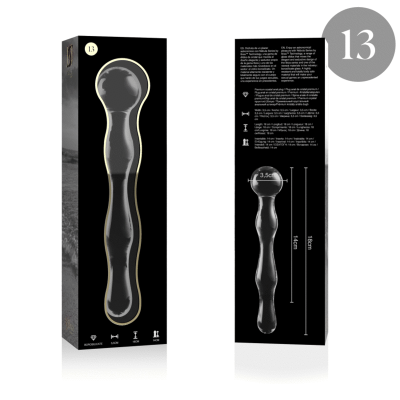 MODELO 13 DILDO CRISTAL BOROSILICATO TRANSPARENTE 18 CM -O- 3.5 CM DE LA MARCA NEBULA SERIES BY IBIZA